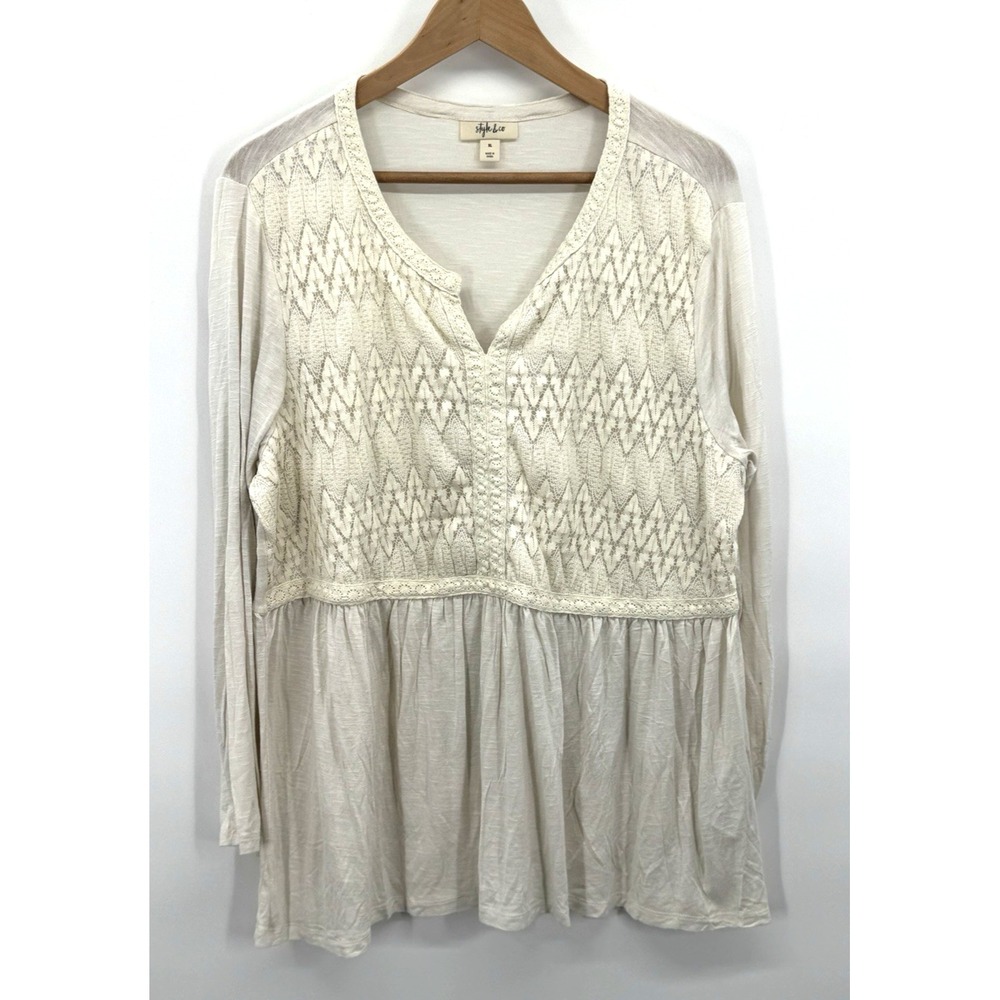 Style & Co Lace Crochet Peplum Top XL V-Neck Stretch Boho Cottagecore Coastal